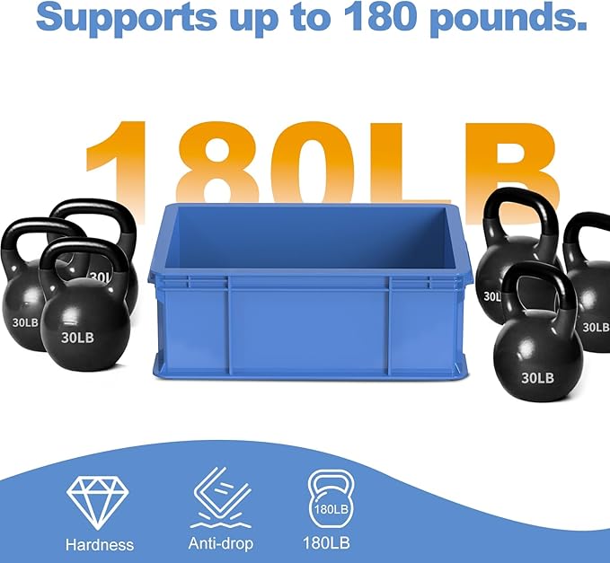 Heavy Duty Storage Bins, 180lbs Load Capacity Totes for Storage, 14.2"L x 10.4"W x 5.5"H, Stackable Straight Wall Container, Plastic Tote for Garage & Workshop, Stickable Labels, Blue, 3-Pack