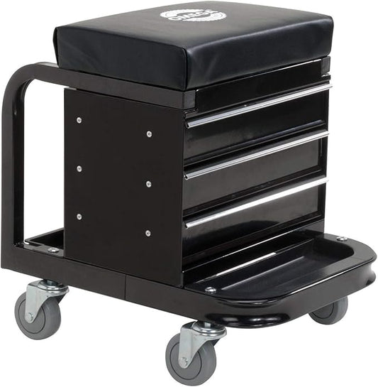 Omega-Lift Mechanic Stool with Wheels – Tool Box with Padded Chair Seat and Rolling Wheels for Garage – 450 Lbs Capacity