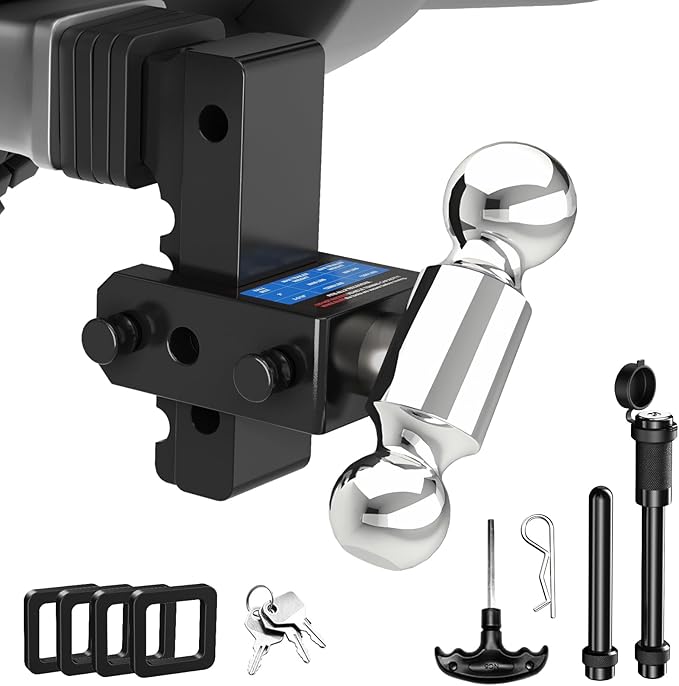 Adjustable Trailer Hitch Fits 2" Receiver - Heavy-Duty 12,500 lbs GTW Aluminum Tow Hitch with Dual Ball (2" & 2-5/16"), 8" Drop/Rise, 4 Silencer Pads & Anti-Theft Lock for Trucks and SUVs