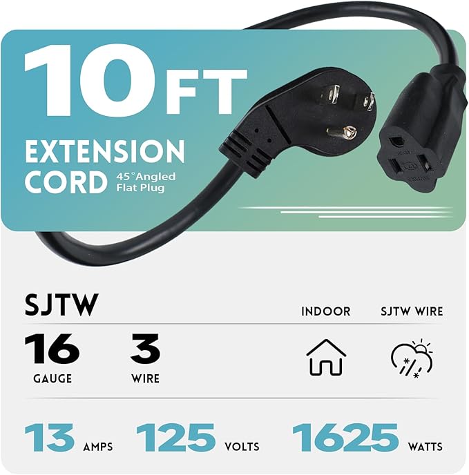 EP 10 Ft Flat Plug Extension Cord, 16 AWG 3 Prong Grounded Black Low Profile Extension Cable for Indoor