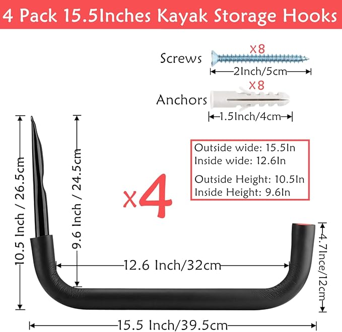 Garage Storage Kayak Hooks, 15.5 Inch Heavy Duty Storage Hanger, Wall Mounted Rack for Hanging Canoe Paddleboard, Surfboard, Snowboard, Ladders, Bikes, Black and Red, 15.5Inches x 10.8Inches
