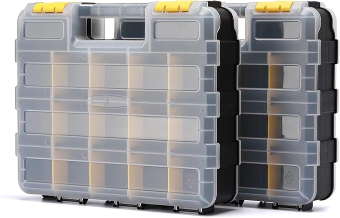 EMENTOL 2PCS Double Side Tool Organizer with Customizable/Removable Plastic Dividers, Hardware Box Storage for Screws, Nuts, Nails, Bolts, 34-Compartment, Black/Yellow