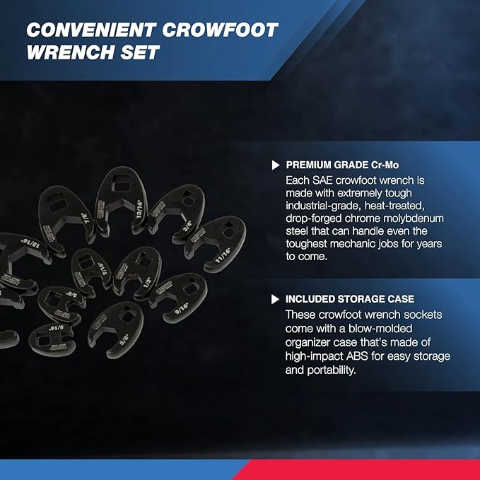 Neiko 03323A Crowfoot Wrench Set 1/2" and 3/8” Drive, 12 Piece, SAE Crows Foot Wrench Sizes 5/16” to 1”, Chrome-Moly Flare Nut Wrench Set
