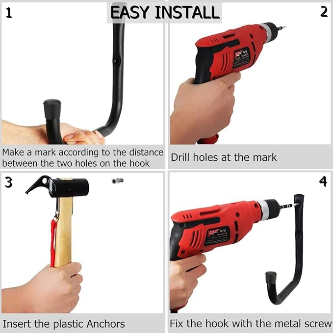 Garage Storage Kayak Hooks, 15.5 Inch Heavy Duty Storage Hanger, Wall Mounted Rack for Hanging Canoe Paddleboard, Surfboard, Snowboard, Ladders, Bikes, Black and Red, 15.5Inches x 10.8Inches