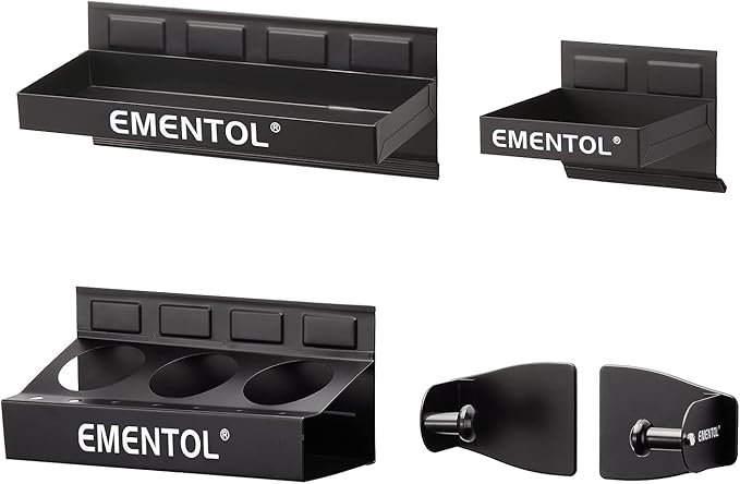 EMENTOL 4PCS Magnetic Tool Shelf Set, Tray, Paper Towel Holder, for Tool Organizer, Magnets Any Metal Surface, Black
