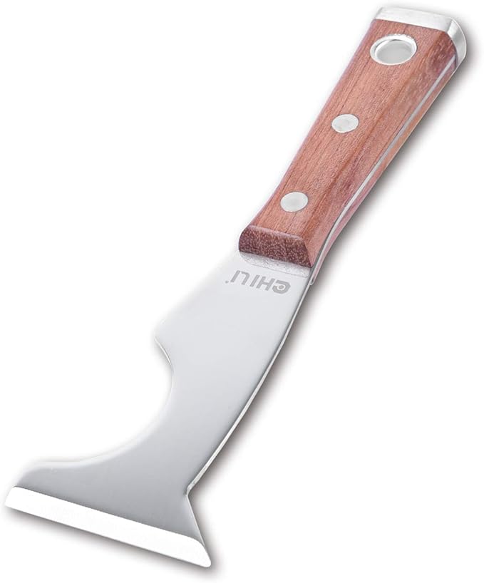 CHILI TOOLS Stainless Steel 5 in 1 Painters Tool with Wood Handle and Metal Hammer End, Made in Taiwan | Spackle Caulk Remover | Roller Cleaner | Putty Knife | Wallpaper Scraper | Can Bottle Opener