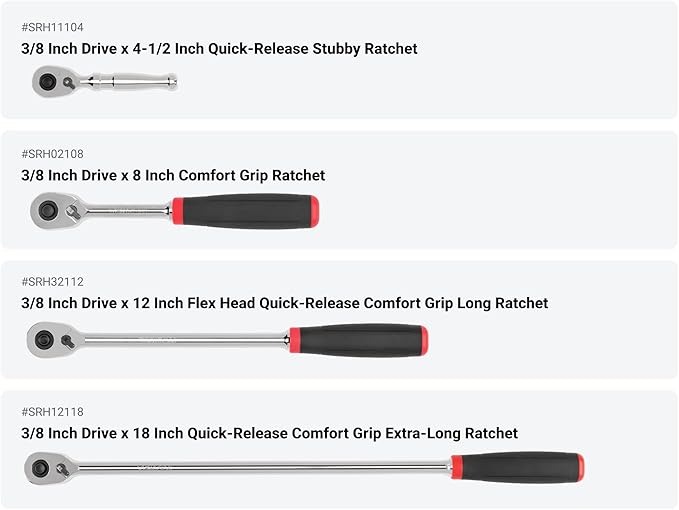TEKTON 3/8 Inch Drive Quick-Release Comfort Grip Ratchet, L-Handle, and Breaker Bar Set (10-Piece) | SDR99102