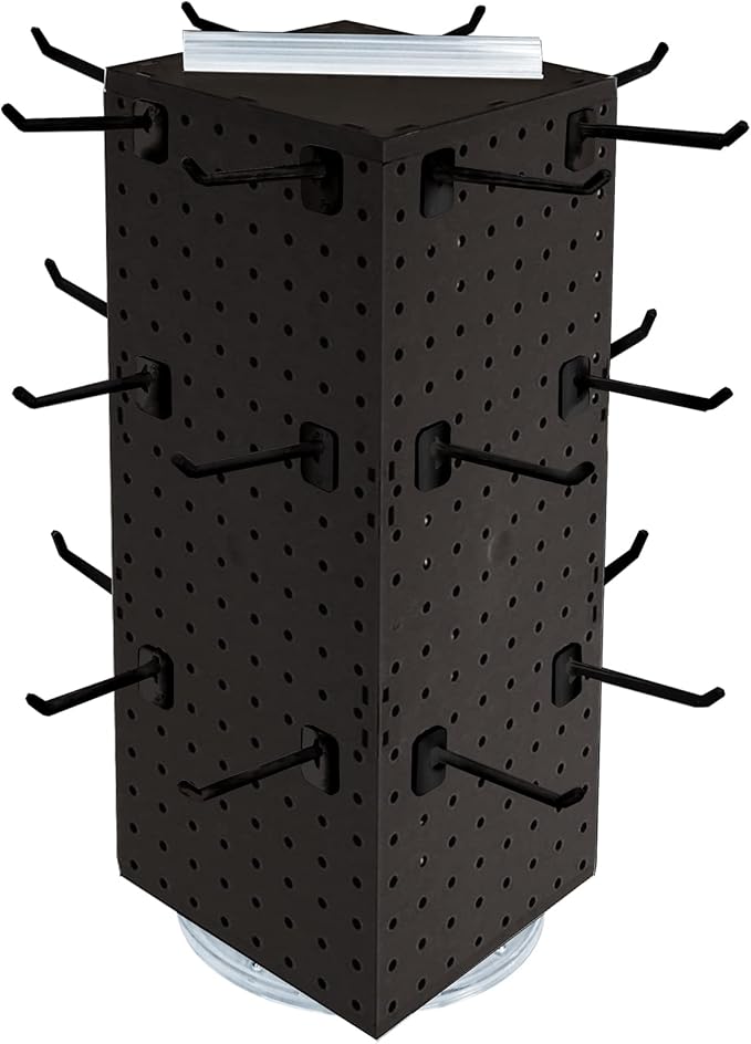 Azar Displays 703385-BLK-4B24, Four-Sided Revolving 8"W x 20"H Pegboard Counter Display w/ 24 Hooks- 4” Length, Black
