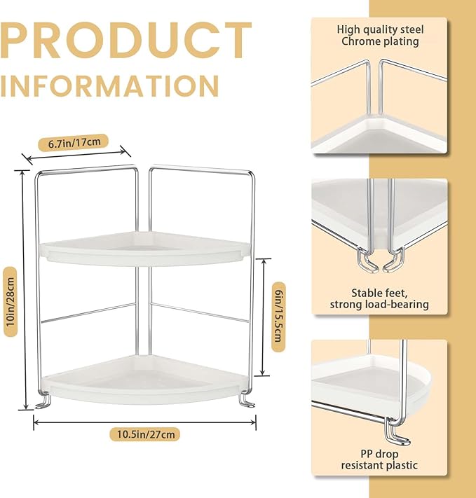 2-Tier Corner Bathroom Countertop Organizer, Tiny Counter Corner Shelf Skincare Makeup Perfume Organizer and Organization for Kitchen (White)