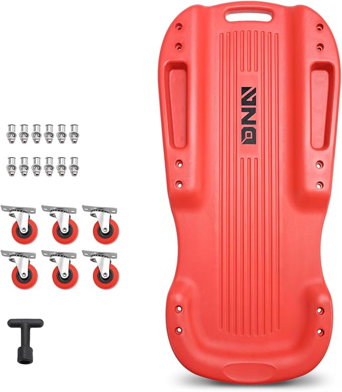 DNA Motoring 38 Inches Low Profile Plastic Rolling Garage Shop Floor Creeper with Side Pockets & 6pcs Casters, Red, TOOLS-00390