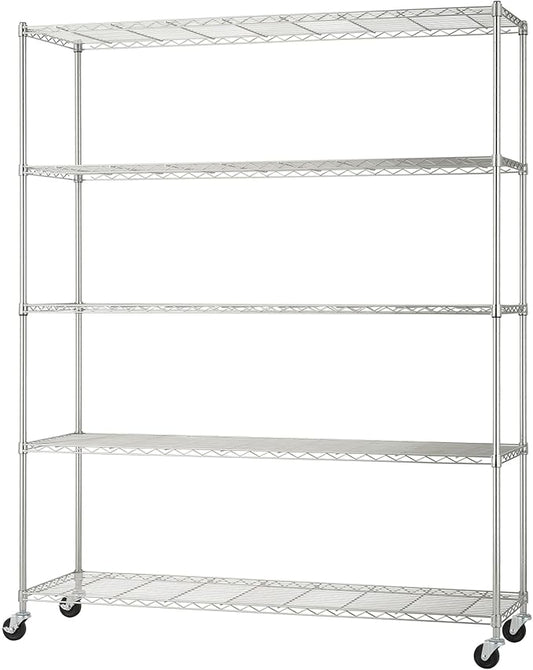 5-Tier Adjustable Wire Shelving with Wheels, Wire Shelf Rack for Kitchen Organization, Garage Storage, 500 to 2500 Pound Capacity, NSF Certified, 60” x 18” x 72”, EcoStorage Chrome
