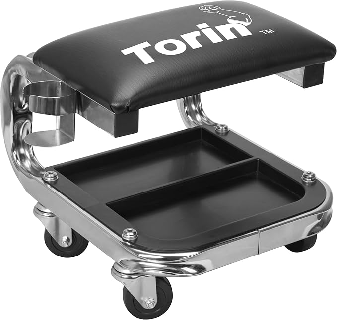 AR7451B Torin Heavy Duty Rolling Creeper Garage/Shop Seat: Padded Mechanic Stool with Tool Tray Storage and Cup Holder, Black