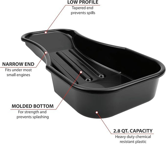 Performance Tool W4073 Heavy Duty 2.8 Quart Oil Drain Pan with Splash Guard and Tapered Spout for Lawn Equipment and Motorcycles
