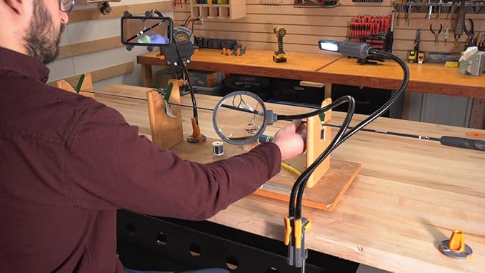 Work IQ Tools IQ Connect | Hands-Free Accessory System with 3 Bench Mounts | Includes Magnifying Glass, Rechargeable Work Light & Cell Phone Holder | Work Bench Accessories Compatible with IQ Vise