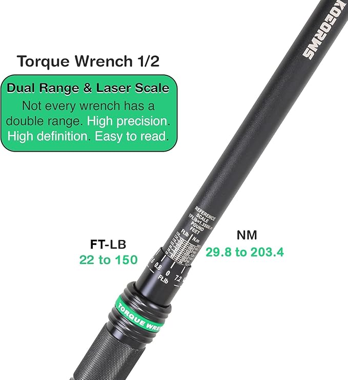 1/2-Inch Drive Click Torque Wrench, 22-150 Ft.lb/29.8-203.4 Nm Dual-direction Torque Wrench with ±3% High Precision, Dual Range Scales, Quick Release Reversible Head for Motorcycle, Car