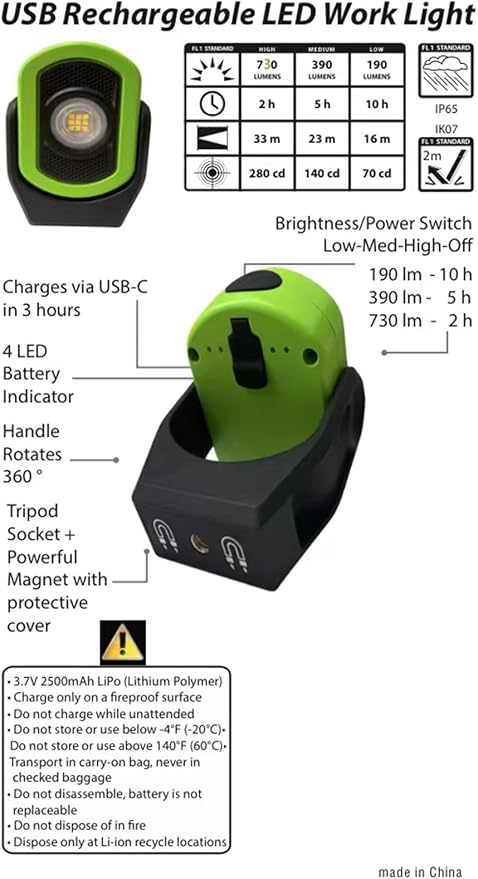 Upgrade 780 Lumens Little Cyclopia LED Rechargeable Magnetic Work Light,Waterproof Grade IP65,Anti-drop Impact Resistance IK07,USB Rechargeable Work Lights for Mechanics Workshop