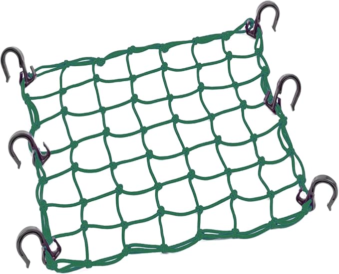 Small Cargo Net 15"x15" Stretches to 30"x30" with Thicken Hooks | Natural Latex Core, Tight 2”x2” Mesh Heavy Duty Bungee Net for Motorcycle Helmet, Bike, ATV, UTV, Luggage (Army Green, 1 Pack)