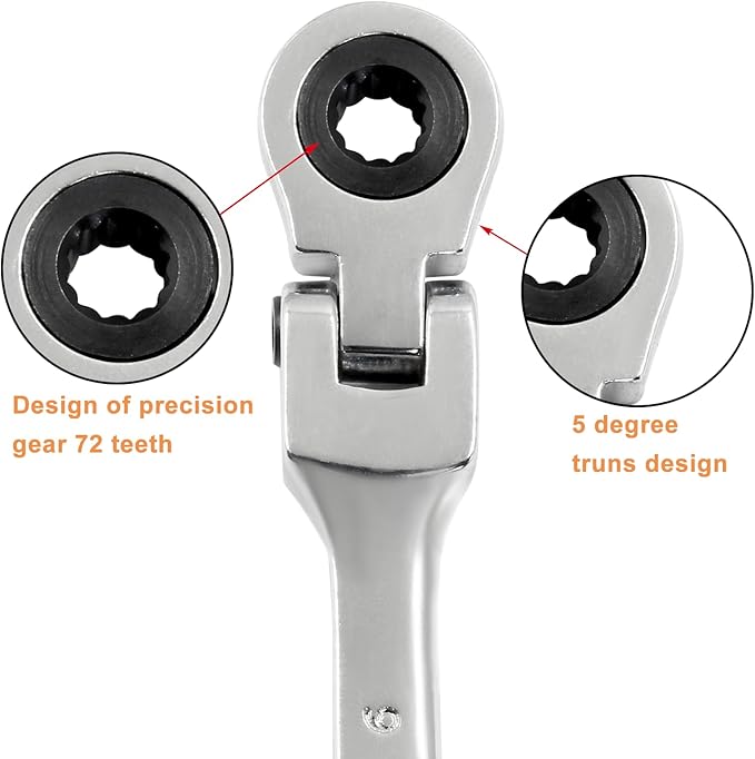 Piutouyar 6mm Flex-Head Ratcheting Wrench, Professional Metric Ratchet Wrench Combination Wrench Box Ended Spanner Tool for Projects Repair(5° Movement and 72 Teeth 12 Point, CR-V)