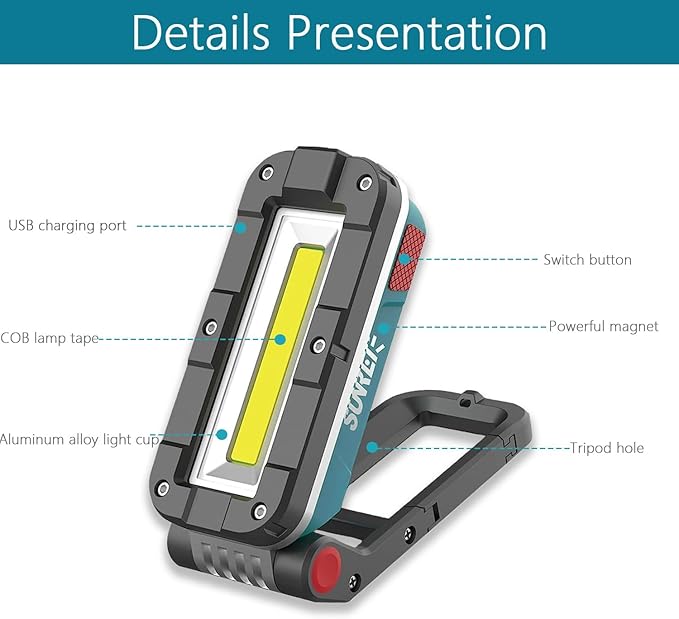 SUNREI LED Rechargeable Magnetic Work Lights COB Mechanic Lights,1200 Lumens, Magnetic Base & Hanging, 7Mode, Magnetic Flashlight Job Site & Security for Car Repair, Emergency, Gift for Men