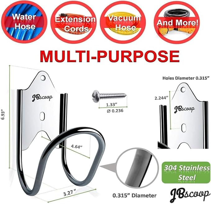 JBscoop Garden Hose Holder, Garden Hose Hanger Wall Mount for Water Hose, Extension Cords, Air Compressor Hose, Heavy Duty & Rust Proof Set of 1