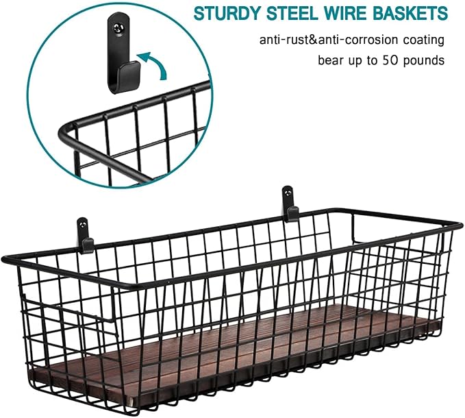 4 Set [Extra Large] Portable Metal Farmhouse Wall Decor Storage Organizer Basket Bin with Handles and Floating Shelves for Hanging in Entryway,Bathroom,Kitchen-Wall Mount Hooks Included (4, Black)
