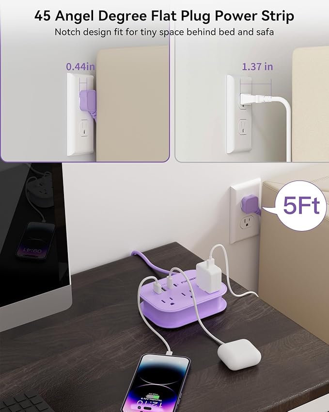 Purple Extension Cord-, 5 FT Kawaii Travel Power Strip, 1250W Cute Extension Cord with 3 AC Outlet 4 USB Desktop Charging Station, Purple Desk Accessories for Cruise Essentials, Travel, Home, Dorm.
