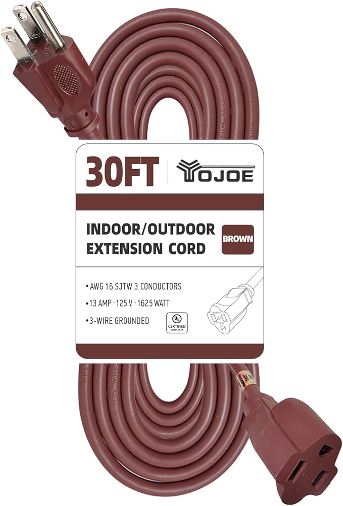 YOJOE Indoor Outdoor Extension Cord, 3 Prong 13A Weatherproof Power Cord, 16 Gauge Heavy Duty 30 ft Brown Extension Cord for Garage, Garden and Home, 16/3 SJTW UL Listed