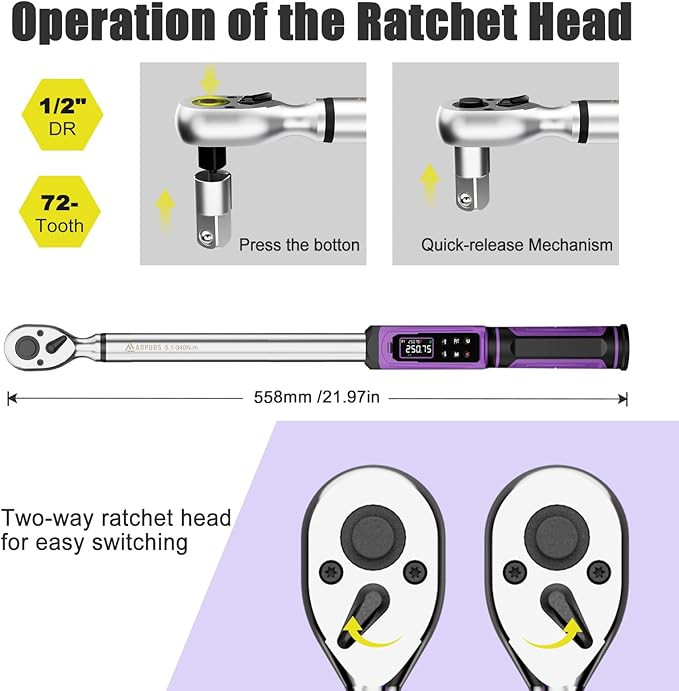 Digital Torque Wrench 1/2 Drive (3.76-250.75 Ft-lb/5.1-340 Nm), Inch Pound Torque Wrench Digital with ±1% Accuracy, Vibration, Buzzer LED, Electronic Torque Wrench Set for Motor Car Truck