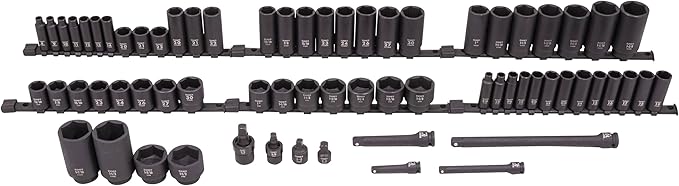 SUNEX 1068 3/8" & 1/2" Drive SAE & Metric 6 Point Standard & Deep Master Impact Socket Set, 68-Piece
