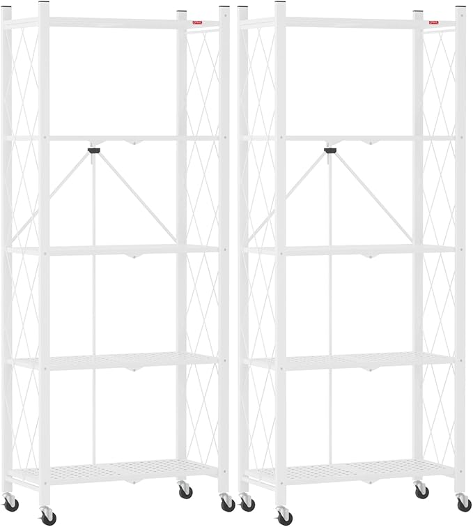 DEANIC 5-Shelf Folding Bookcase with Wheels, Heavy Duty Storage Shelves, Freestanding Metal Wire Shelving Unit for Living Room, Office, Kitchen, Basement, Pantry(White 2 Pack)