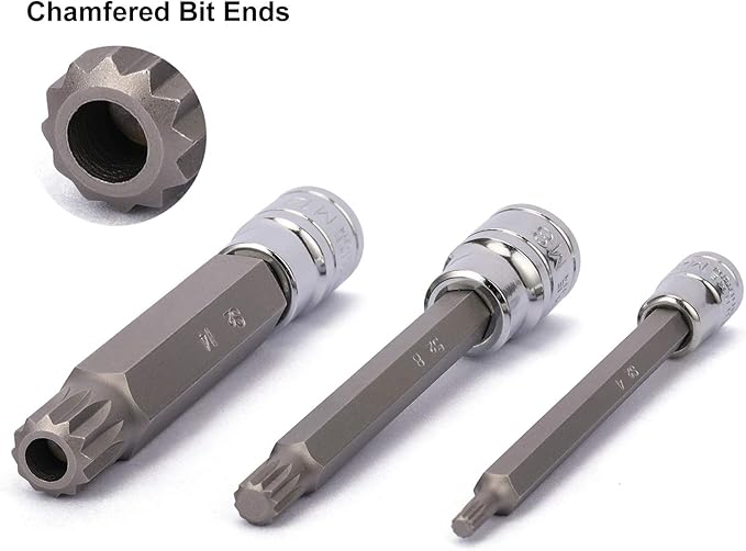 CASOMAN 10 Piece Spline Tip Bit Socket Set, M-Type, S2 and Cr-V Steel, Extra Long 4'' Length, M4-M18, XZN Triple Square Spline Bit Socket Set
