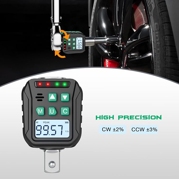 1/2-Inch Digital Torque Adapter, 5.02-99.57 Ft.lb/6.8-135 N.m, Electronic Torque Wrench Converter with ±2% Accuracy, Preset Function, Data Storage, 3/8” & 1/4” Adapter for Bike, Moto, Car