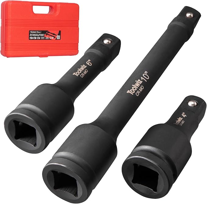 Toolwiz 3/4” Drive Impact Extension Bar 4”, 6”, 10” (3 Piece) Cr-Mo Steel, Expand the Range of Impact Drivers, Organized in PVC Box - Black 3/4 Ratchet Wrench Extension Bar Socket Set