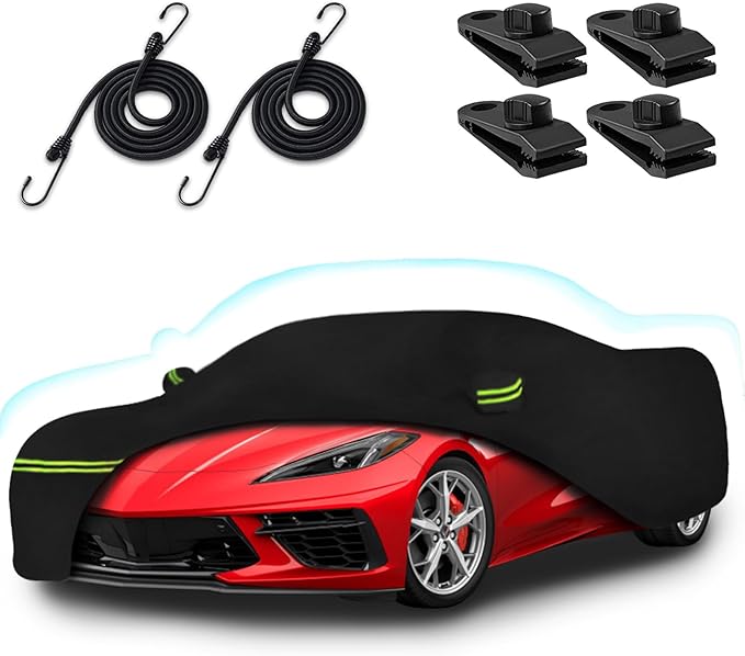 Car Cover for 2020-2025 Chevy Corvette C8, 6 Layers Waterproof All Weather Protection Heavy Duty Car Cover with Windproof Gust Straps and Zipper Door Fits for C8 Stingray,Z51,Z06-Black