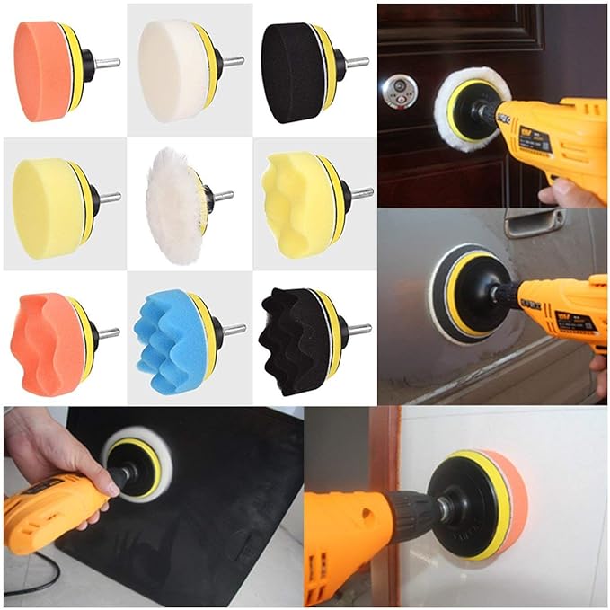 11Pcs 3 Inch Car Foam Drill Polishing Pad Kit Buffing Sponge Pads Kits by Yesallwas,for Car Sanding, Polishing, Waxing (8 Polishing Pads,1 Woolen Buffer, 1 Thread Drill Adapter with Shank)