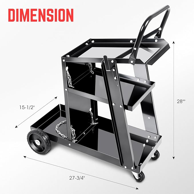 DNA Motoring Welding Cart for TIG MIG Welder and Plasma Cutter, Heavy Duty 3 Tiers Rolling Welding Cart, Rolling Welding Trolley w/360° Swivel Wheels, Tank Storage Safety Chains, Handle, TOOLS-00465
