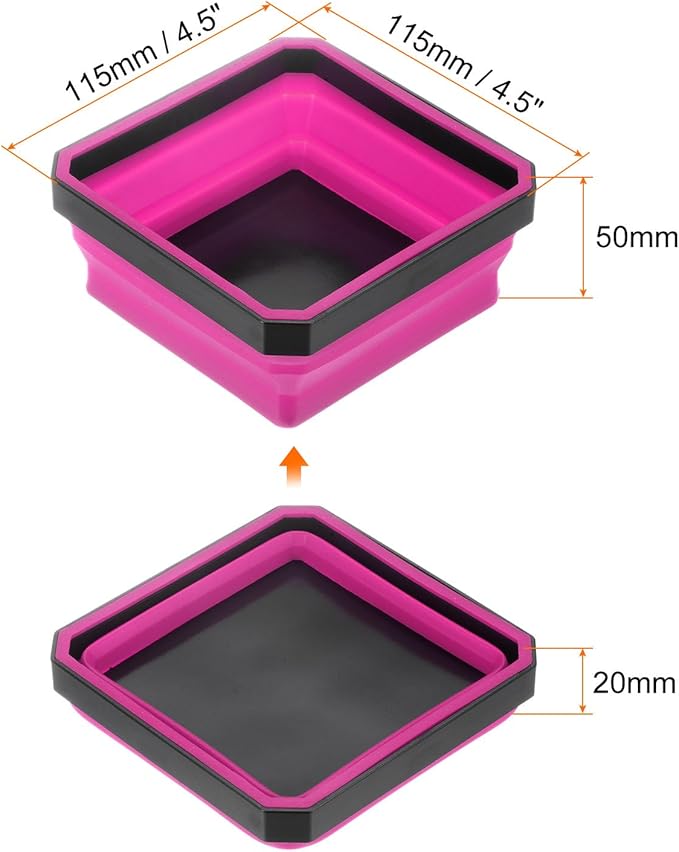HARFINGTON 2Pcs Collapsible Magnetic Parts Tray Foldable Tool Trays Square Small Metal Parts Organiser for Fixing Screw Bolts Nuts Washers Pins, Rose Red
