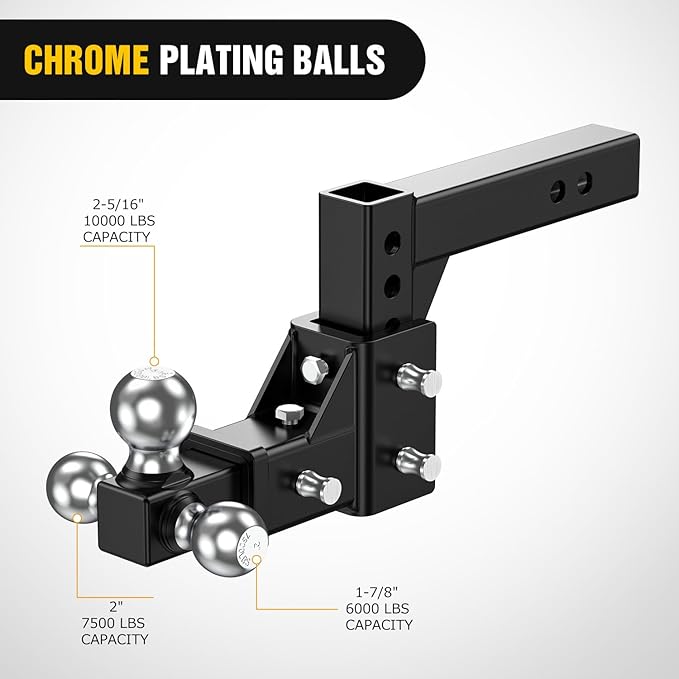 Nilight Adjustable Trailer Hitch Ball Mount Fits 2'' Receiver Tri-Ball 1-7/8''-6000LBS 2''-7500LBS 2-5/16''-10000LBS Capacity Chrome Trailer Ball Hitch with Solid Shank