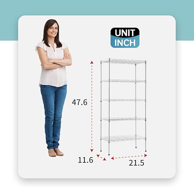 Adjustable NSF-Certified Metal Shelf Wire Shelving Unit Storage for Small Places Restaurant Garage Pantry Kitchen Garage Rack (Chrome, 21.5L x 11.6W x 47.6H)
