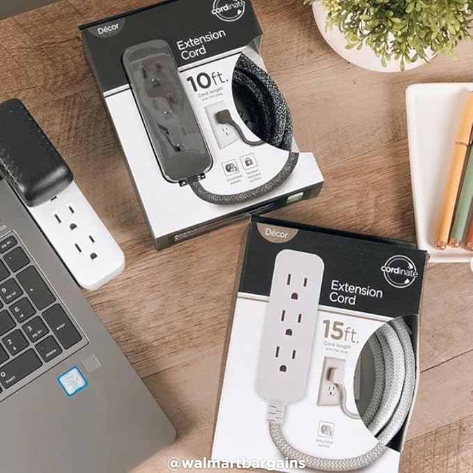 Cordinate 3-Outlet Power Strip Extension Cord with Multiple Outlets 15 Ft Indoor Braided Grounded Flat Plug Extension Cord ETL Listed White 50011