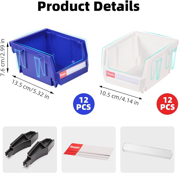 Stackable Parts Organizer 24 Pack (5x4x3 Inch), Small Parts Bins Wall Mounted Hanging Storage Bins for Screw, Hardware, Garage, Workbench & Office (Blue & White)