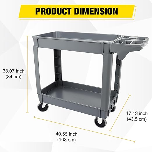 Heavy Duty 2-Shelf Plastic Utility Cart - 550 lbs Capacity Rolling Service Cart with 5" TPU Silent Wheels & Integrated Tool Handle - Grey
