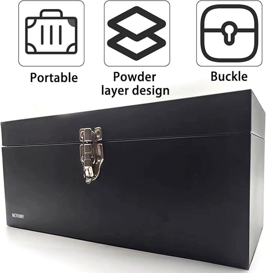 16" Portable Metal Toolbox Large Tool Box 18-Gauge Fishing Tackle Box Tool Box Drawer Organizer Steel Toolbox With Metal Latch and Handle Black