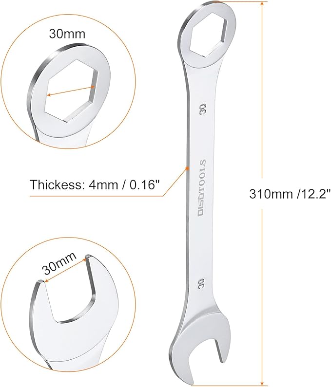 HARFINGTON Thin Combination Wrench Metric 30mm 6-Point Ended Box 15 Degree Offset Open End CR-V Chrome Plated Steel, Silver