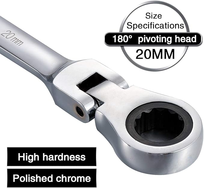 KATUR 20mm Ratcheting Wrench Set Flexible Pivoting Head Ratchet Combination Spanner Wrench Chrome Vanadium Steel Metric Tool (20mm)