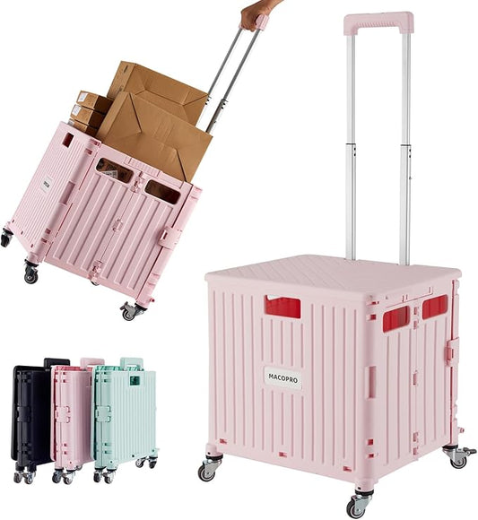 MACOPRO Folding Utility Cart Portable Rolling Crate Handcart Shopping Trolley Collapsible Tool Box, with Lid, Basket on 4 Rotate Wheels, for Grocery, Shopping, Office, Teacher (Pink)