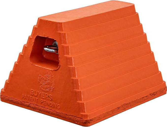 Buyers Products WC6810LP Heavy Duty Rubber Wheel Chock with Recessed Eyebolt, 10x8x6 Inch, Tire Chock for Cars, Trailers, RVs, Oil Resistant, Durable Tire Stopper, Ideal for Shipping Docks, Orange