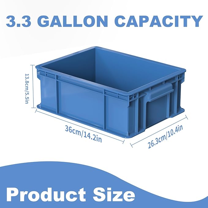 Heavy Duty Storage Bins, 180lbs Load Capacity Totes for Storage, 14.2"L x 10.4"W x 5.5"H, Stackable Straight Wall Container, Plastic Tote for Garage & Workshop, Stickable Labels, Blue, 3-Pack