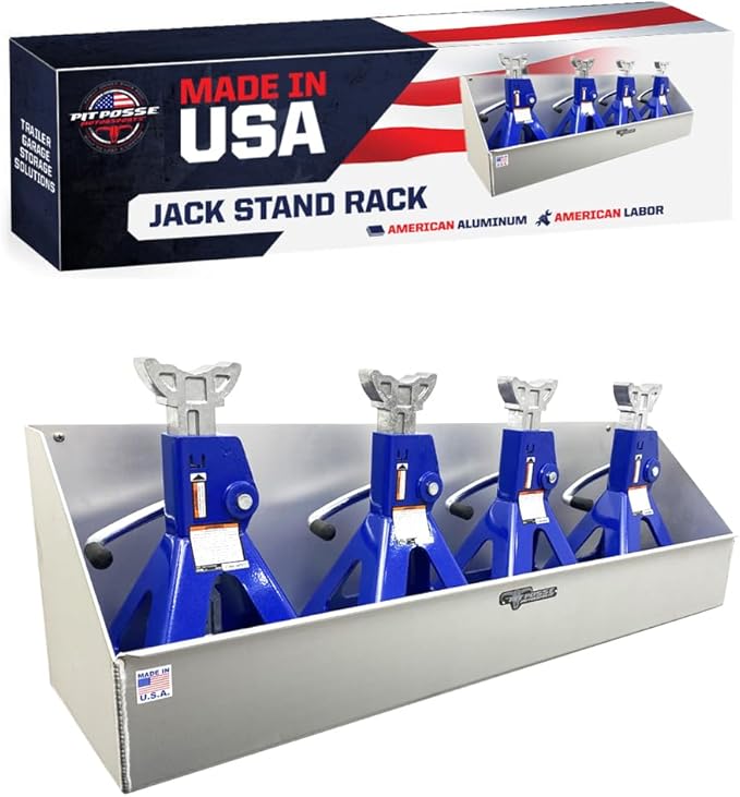 Pit Posse 449 Jack Stand Rack Holder Shelf for Trailer Garage - Made in USA - Aluminum Storage Enclosed Race Car Trailer Garage Shop Accessory Organizer Holds up to 4 Jack Stands 34 x 9 x 10 (Silver)