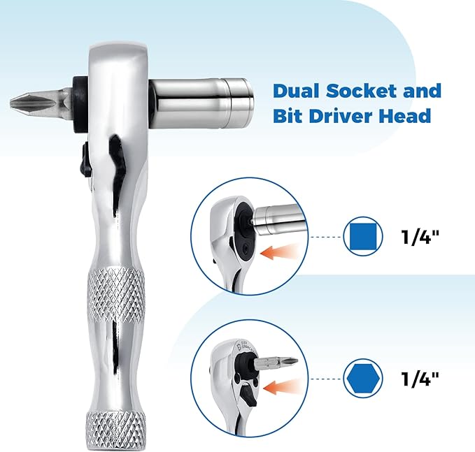 1/4-Inch Stubby Ratchet Wrench, Socket&Bit Driver, 72-Tooth, Chrome Alloy Made, Chrome Plated Finish
